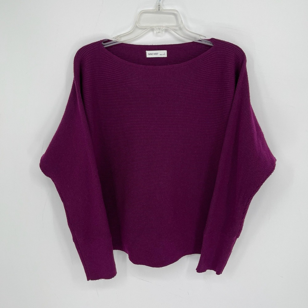 Nine West Women's Purple Ribbed Batwing Sleeve Boat Neck Cozy Sweater Size L